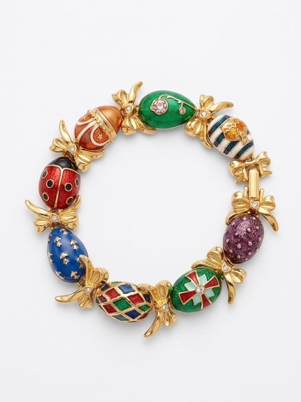 Vintage Joan Rivers Faberge Enamel Egg Bow Link Bracelet Signed QVC